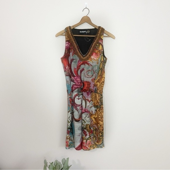 [Desigual] Women's Beaded Neckline Printed Elastic Waist Sleeveless Dress - Picture 1 of 8